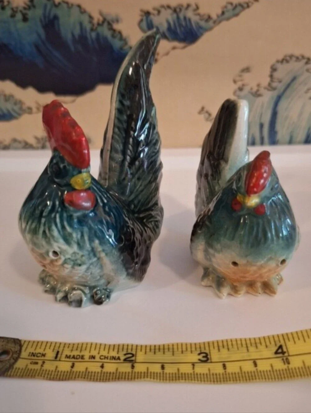 Source Unknown Blue and Red Ceramic Rooster Salt & Pepper Shakers
